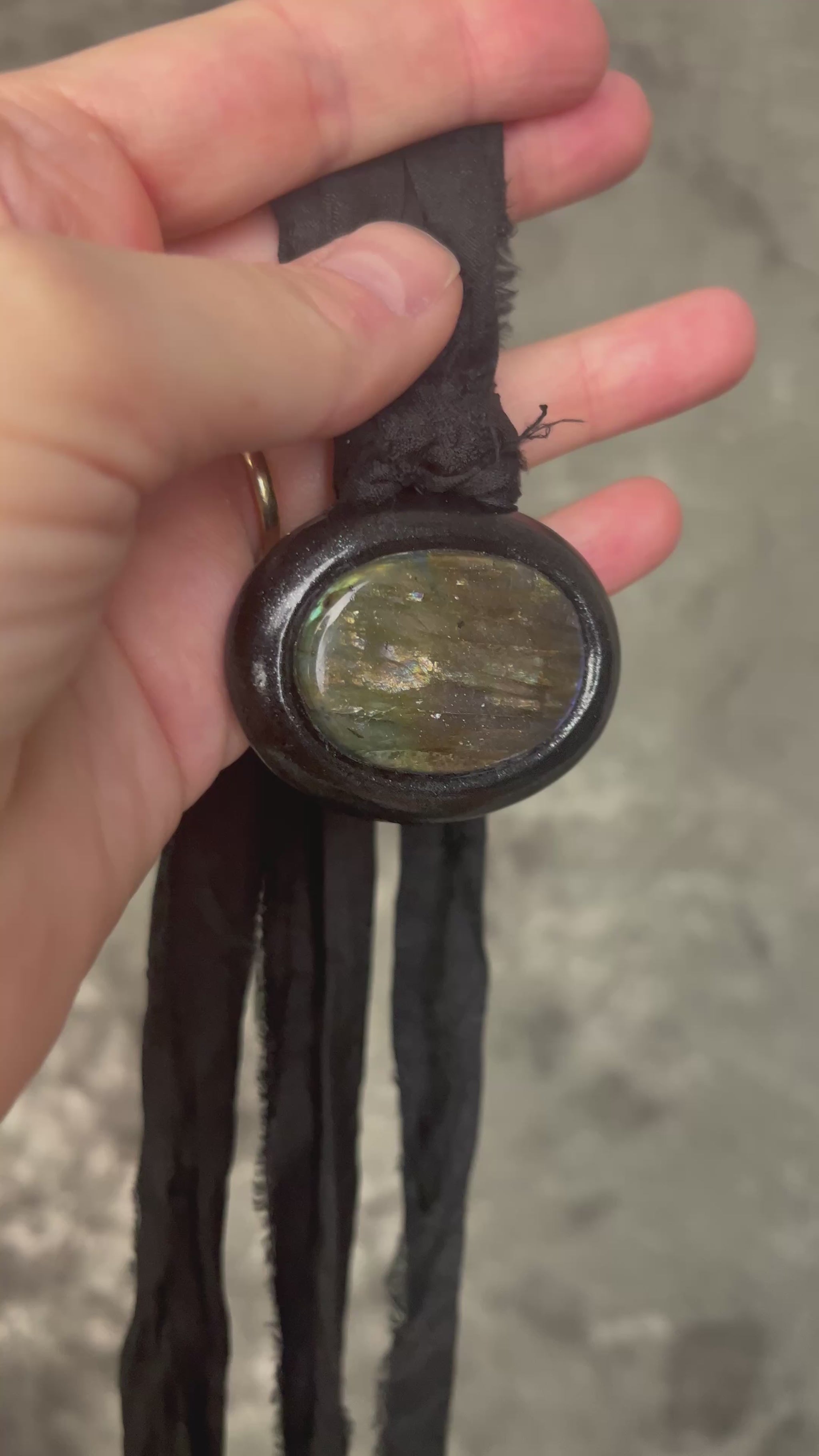 Rainbow labradorite pendant necklace in black frame on recycled silk, statement crystal talisman jewelry for intuition, handmade in Baltimore Maryland