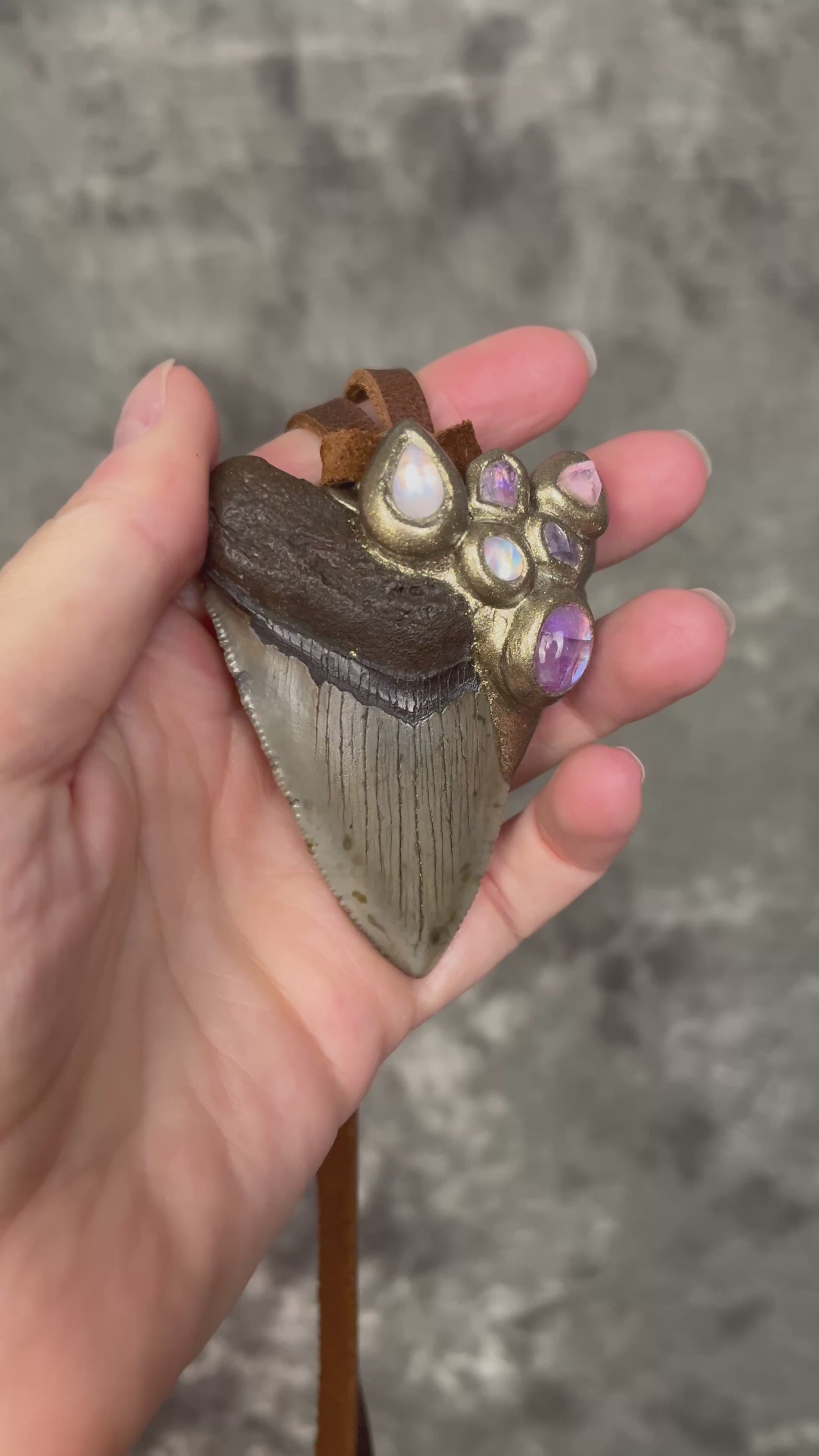 Fantasy inspired handmade Megalodon Fossil Shark Tooth Talisman necklace with Moonstone, Spinel, Tourmaline and brown Leather for meditation, spiritual practice and everyday magic. 