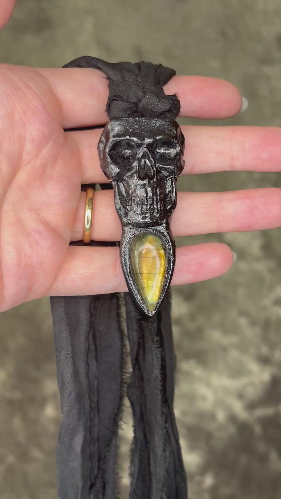Labradorite crystal skull necklace on black leather or black recycled silk, fall 2025 gift for her.