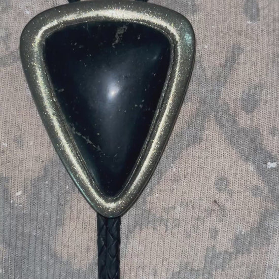 XL Black Tourmaline bolo tie in gold setting on black leather cord