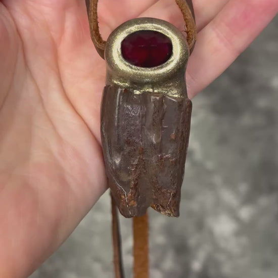 Garnet and Equus fossil tooth talisman necklace in gold finish on brown leather cord, handmade statement fossil jewelry from Baltimore Maryland