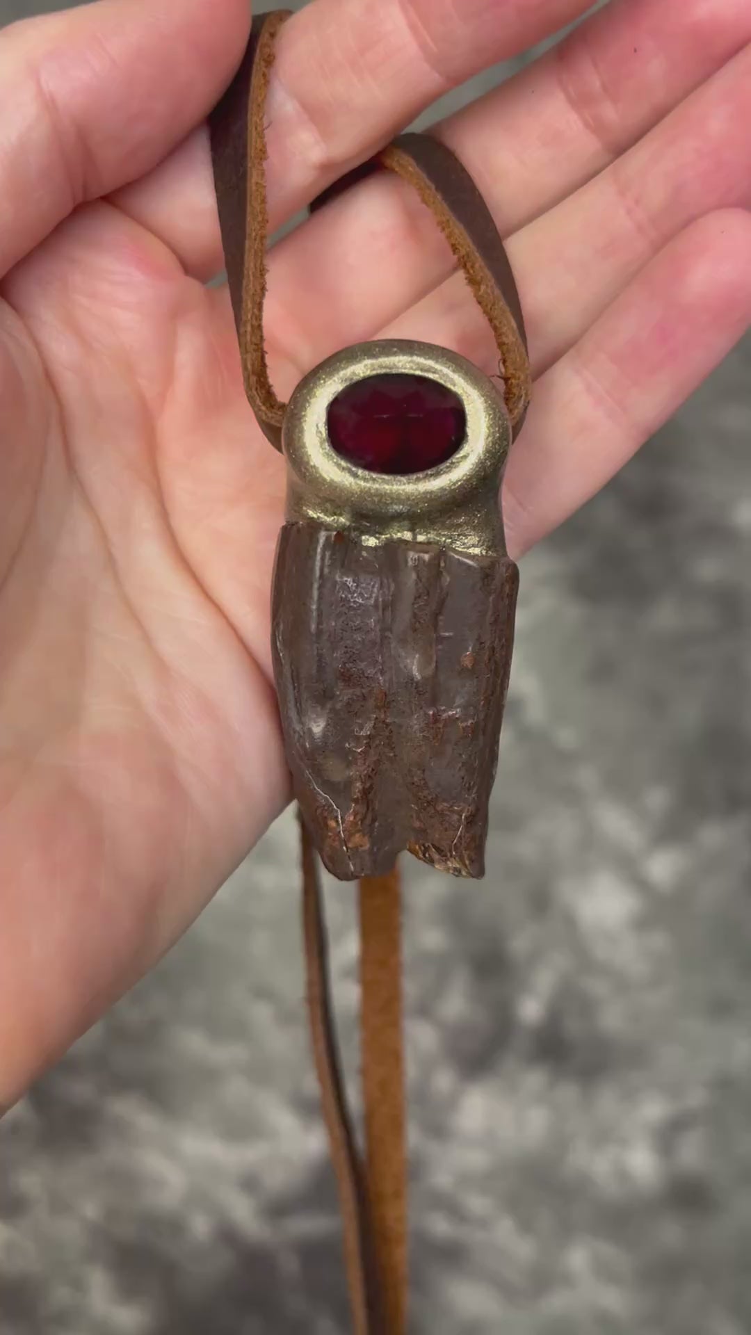 Garnet and Equus fossil tooth talisman necklace in gold finish on brown leather cord, handmade statement fossil jewelry from Baltimore Maryland