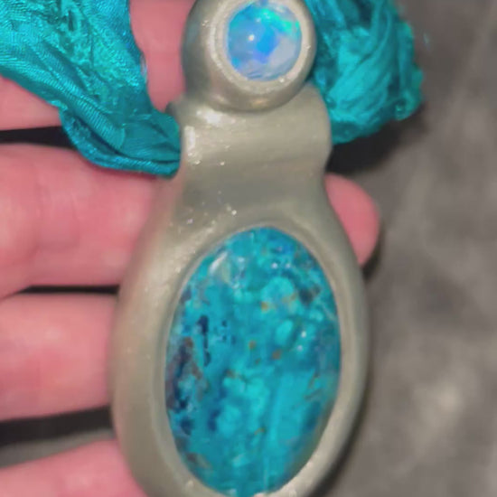 Azurite Chrysocolla and moonstone silver goddess pendant. Handmade turquoise stone necklace on teal recycled silk. 