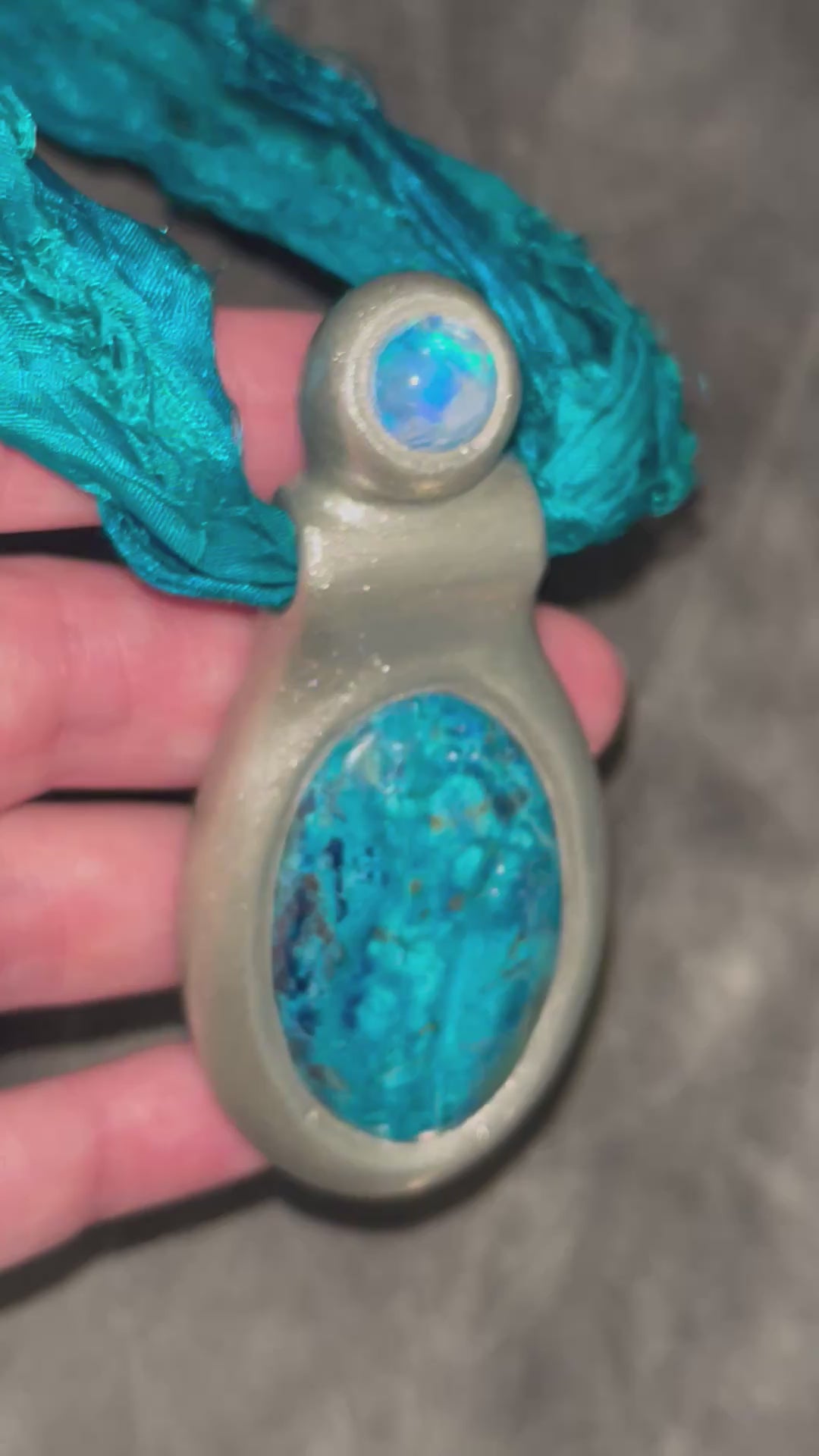 Azurite Chrysocolla and moonstone silver goddess pendant. Handmade turquoise stone necklace on teal recycled silk. 