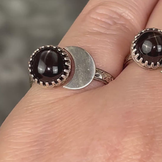 Black star diopside sterling silver moon ring with moon detail and adjustable band, celestial gemstone jewelry with natural star effect. Video