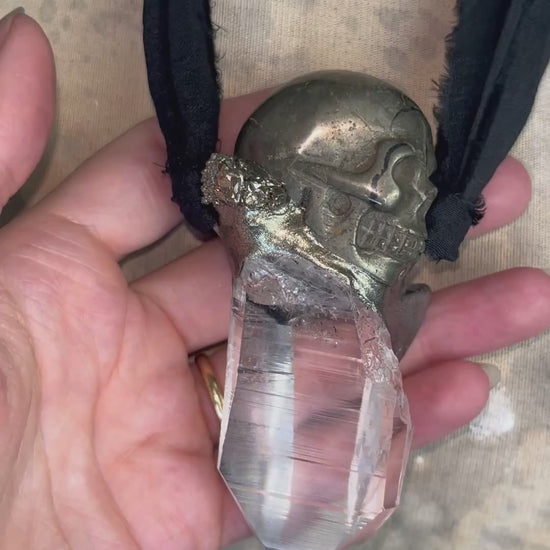 Pyrite skull pendant necklace with raw quartz crystal on black recycled silk, gothic crystal jewelry, handmade mystical talisman.