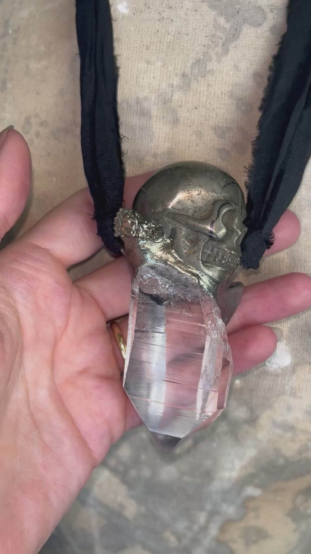 Pyrite skull pendant necklace with raw quartz crystal on black recycled silk, gothic crystal jewelry, handmade mystical talisman.