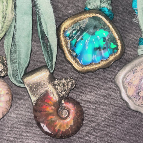 Mermaid seashell necklaces made with moss agate crystal and aqua and teal recycled silk.  Handmade sea siren jewelry, gift for her.  