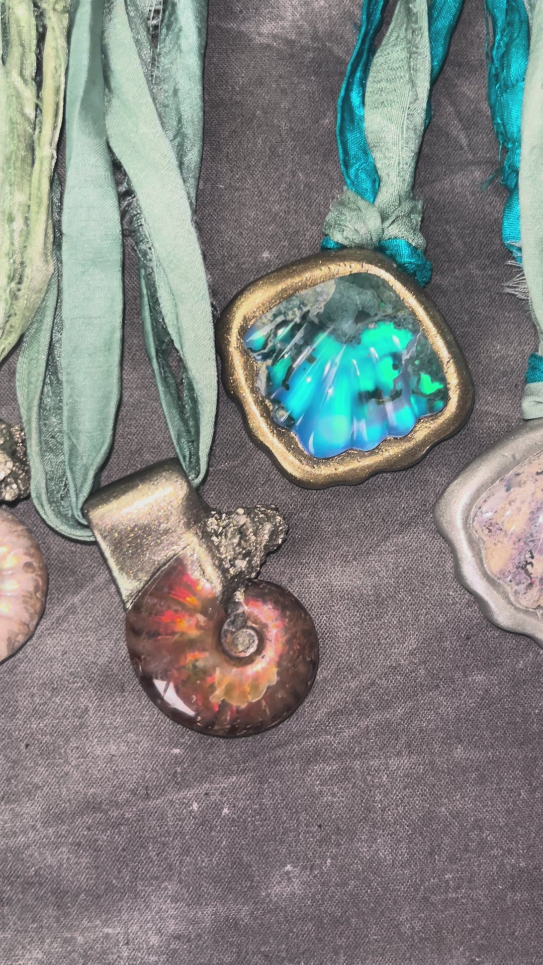 Mermaid seashell necklaces made with moss agate crystal and aqua and teal recycled silk.  Handmade sea siren jewelry, gift for her.  