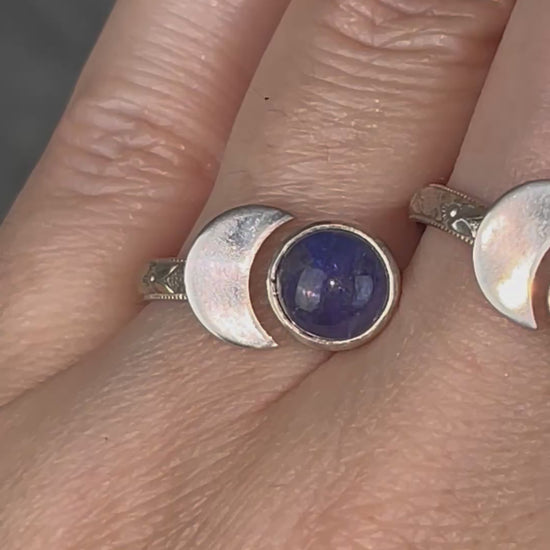 Tanzanite sterling silver moon ring with slightly adjustable band, celestial gemstone jewelry with violet blue stone for intuition and spiritual connection. Video.