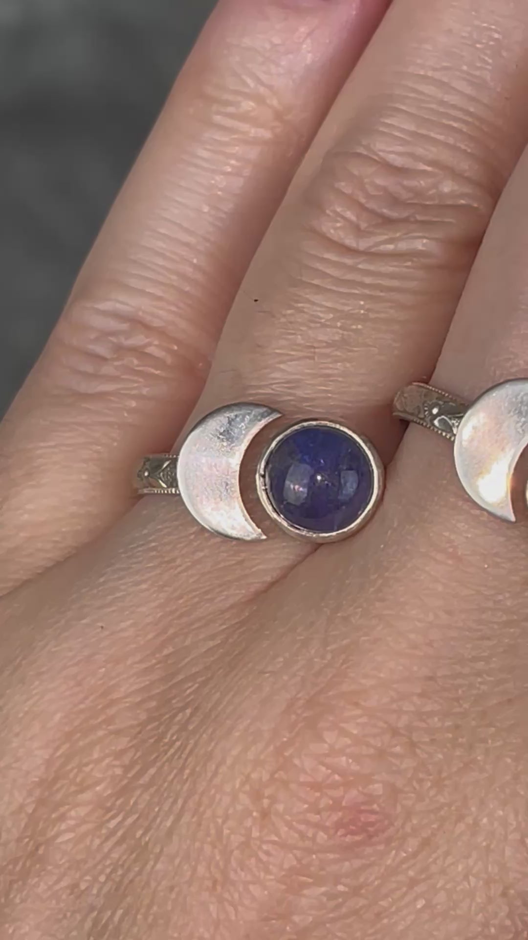 Tanzanite sterling silver moon ring with slightly adjustable band, celestial gemstone jewelry with violet blue stone for intuition and spiritual connection. Video.