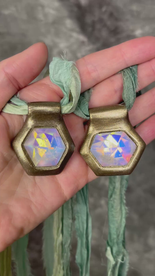 Hexagonal gold pendants on aqua recycled silks in a gold finish. Quartz crystal glowing opalescent beachy pendant. Summer jewelry gift for her. 