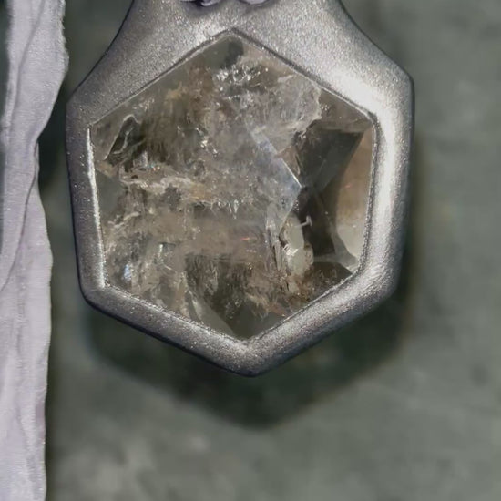 Silver smoky quartz crystal hexagon necklace. 