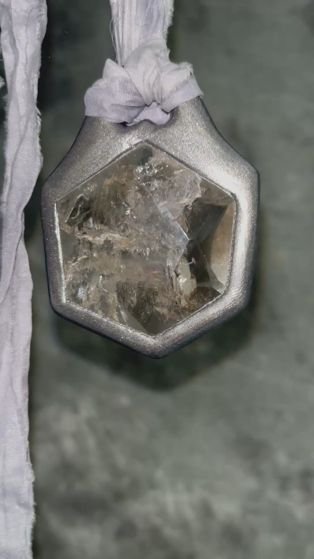Silver smoky quartz crystal hexagon necklace. 