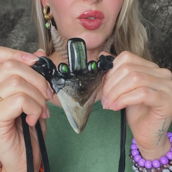 Megalodon necklace on leather featuring labradorite and black opal crystals.  Renaissance festival jewelry, one of a kind handmade jewelry. Unique withy goth jewelry