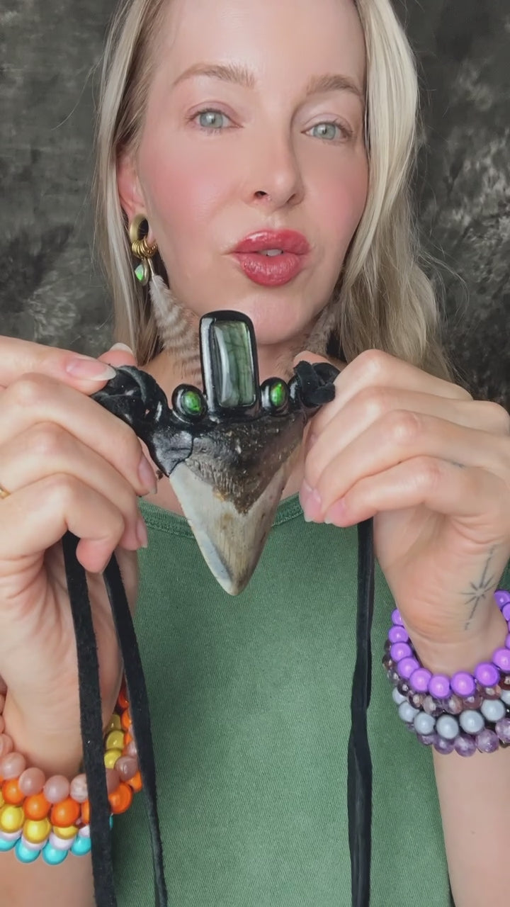 Megalodon necklace on leather featuring labradorite and black opal crystals.  Renaissance festival jewelry, one of a kind handmade jewelry. Unique withy goth jewelry