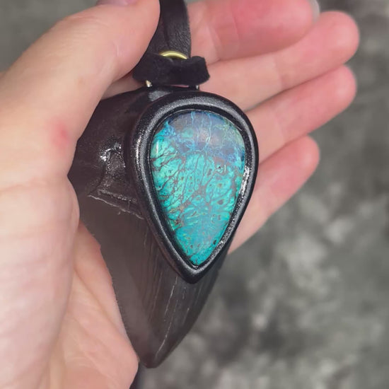 Megalodon fossil shark tooth necklace with chrysocolla stone on black leather, statement crystal talisman jewelry for protection and communication, handmade in Baltimore Maryland
