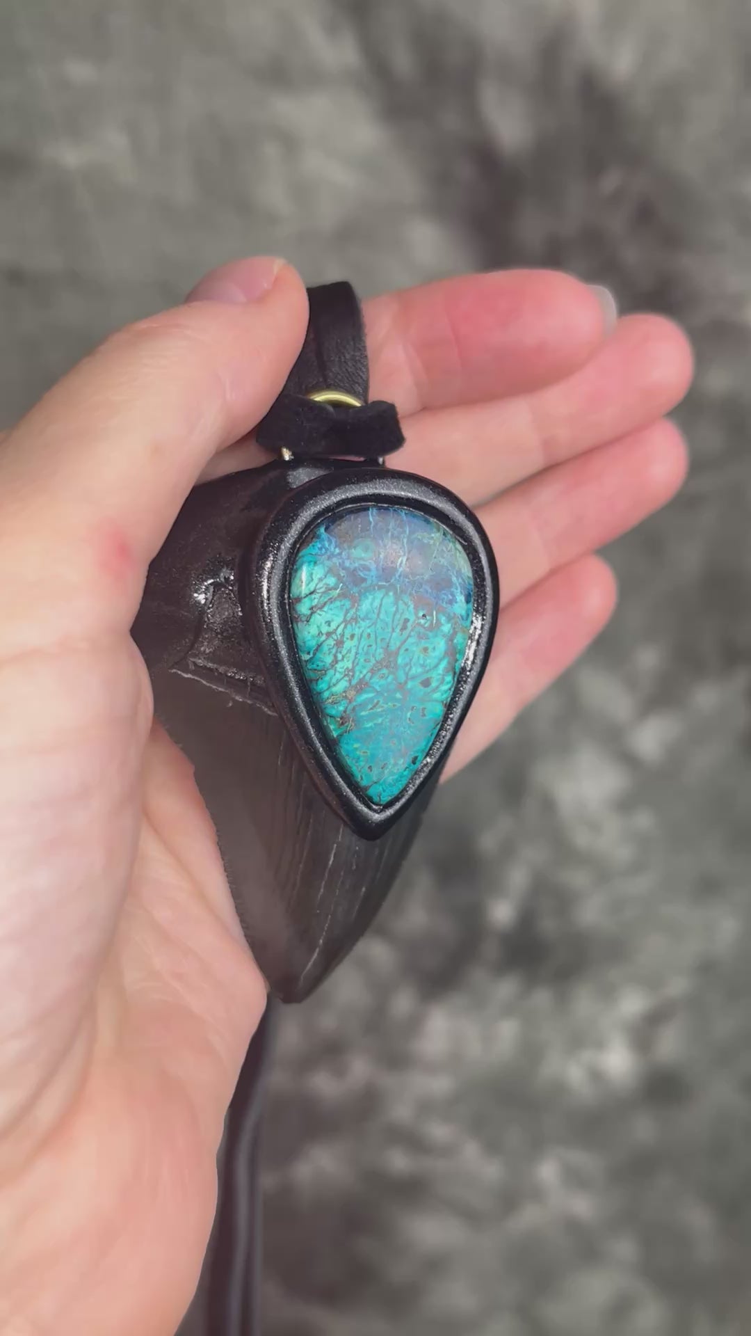 Megalodon fossil shark tooth necklace with chrysocolla stone on black leather, statement crystal talisman jewelry for protection and communication, handmade in Baltimore Maryland