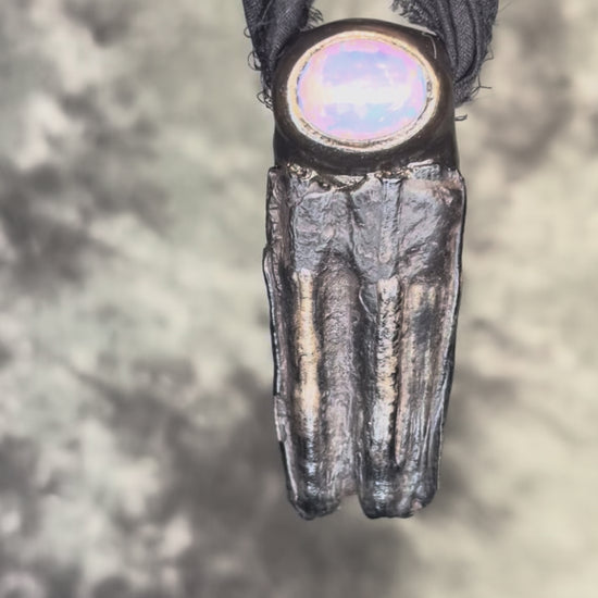 Handcrafted Equus fossil and opal necklace, mystical talisman jewelry for resilience, protection, and spiritual power.
