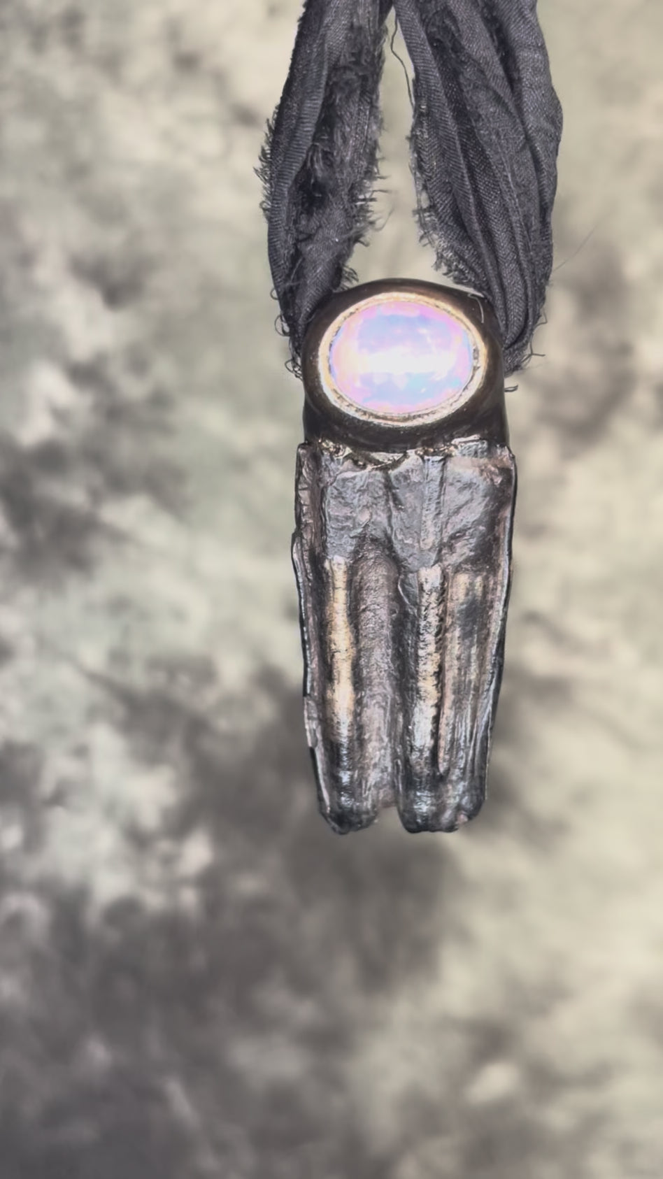 Handcrafted Equus fossil and opal necklace, mystical talisman jewelry for resilience, protection, and spiritual power.