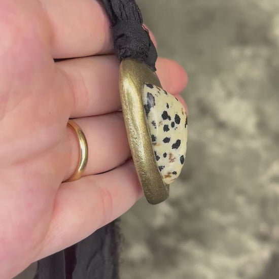 Dalmation Jasper crystal handmade gold necklace on black recycled silk, black and white, fall 2025 pendant gift for her.  
