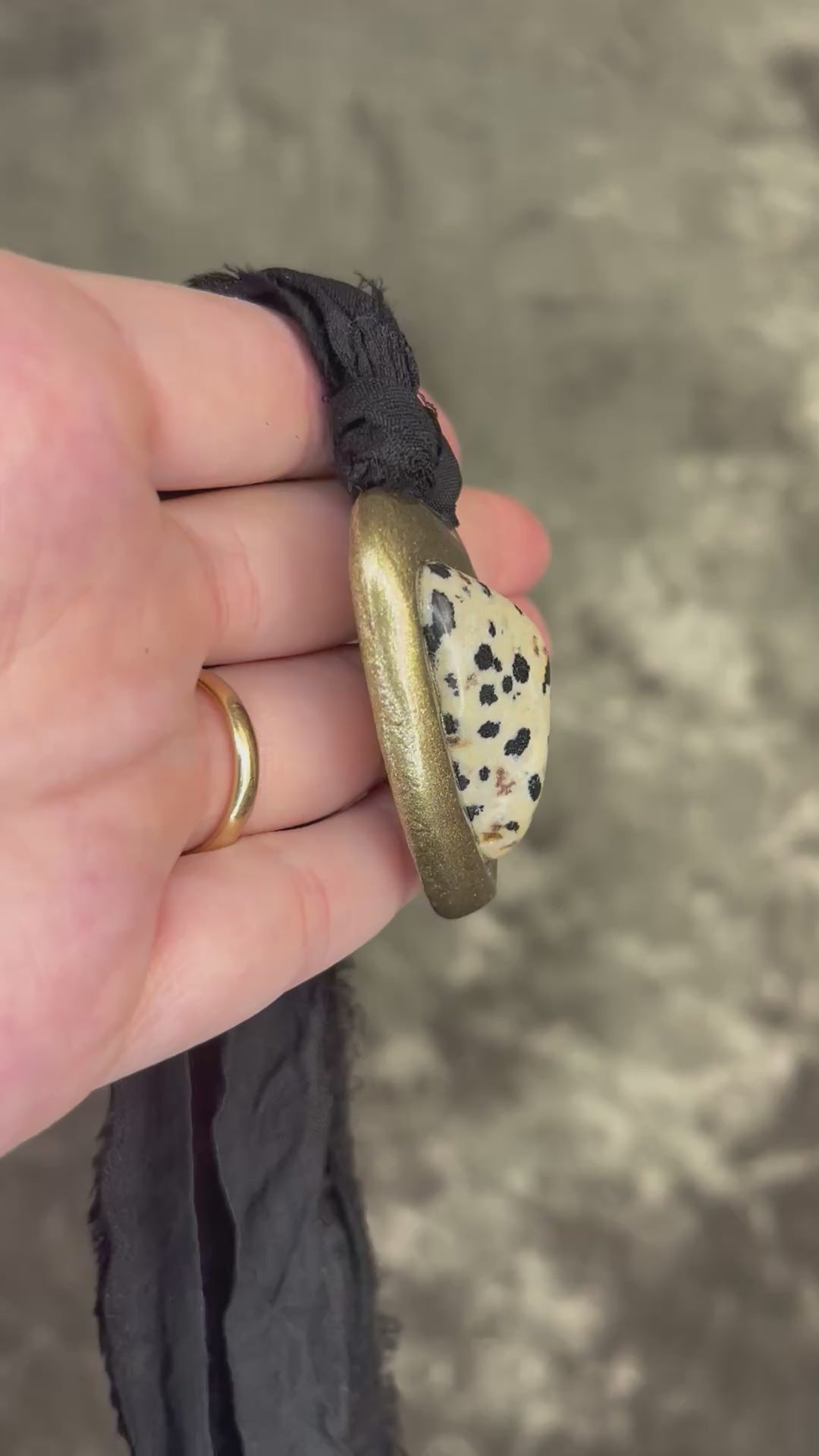 Dalmation Jasper crystal handmade gold necklace on black recycled silk, black and white, fall 2025 pendant gift for her.  
