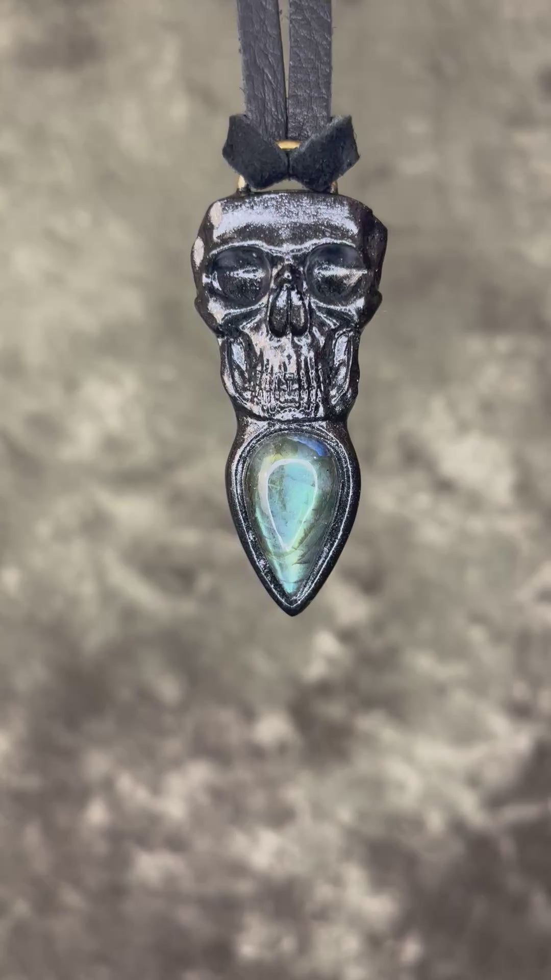 Labradorite black crystal skull necklace on black leather, 2025 fall gift for him or her. Witchy jewelry, goth jewelry.
