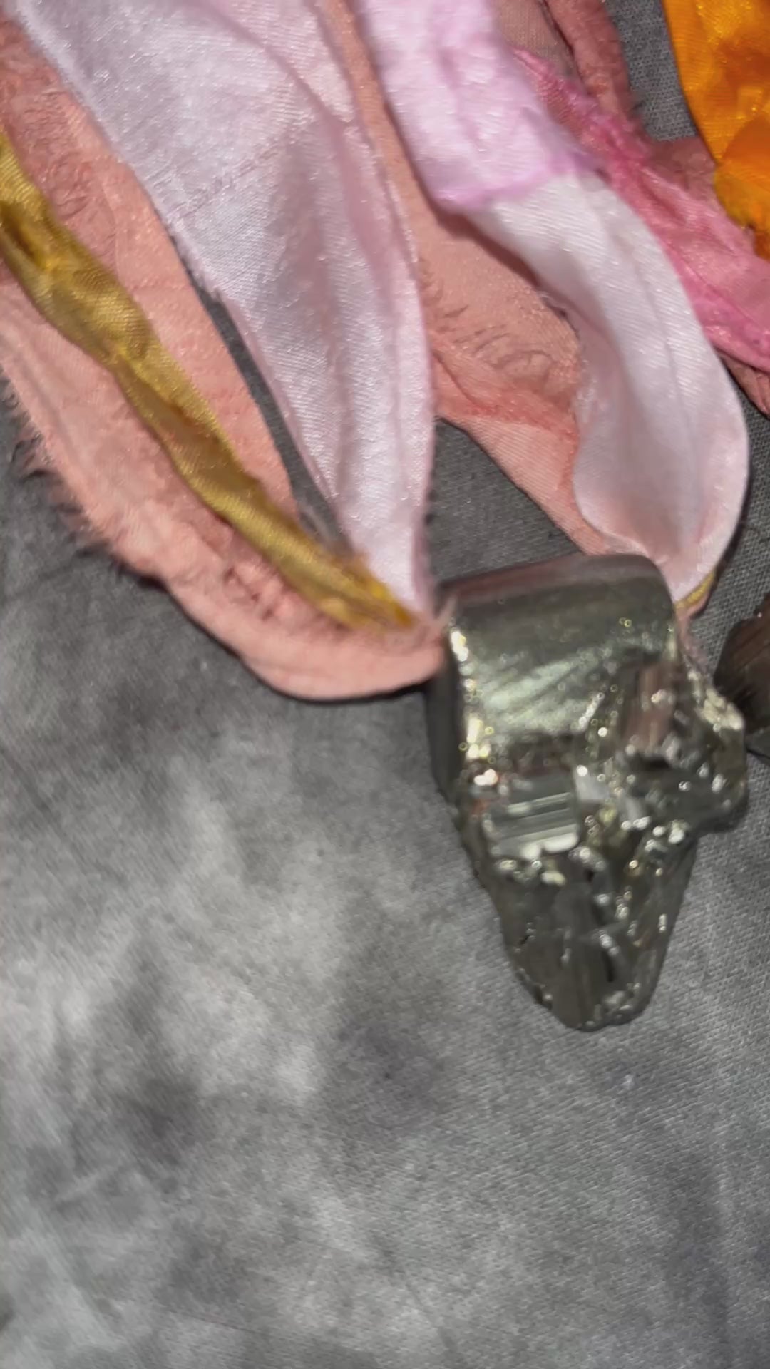 Pyrite chunky crystal handmade necklaces. Aqua, pink and purple recycled silk textile jewelry for boho summer adventures and manifesting magic!  Car protection charm or purse charm.  Best sustainable festival jewelry for summer adventures and eco-friendly parties