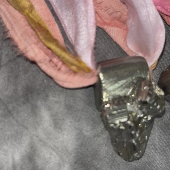 Pyrite Chunky crystal healing necklace for summer 2025 festival season and open-heartedness.  Modern maximalist jewelry.  Recycled silk textile jewelry.