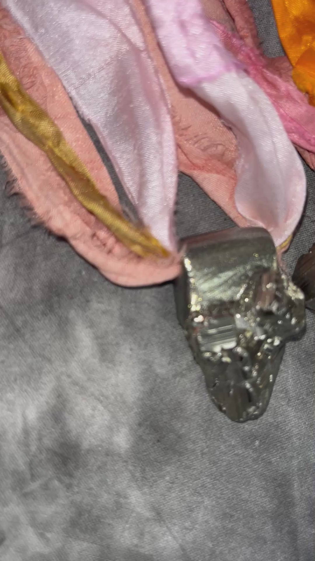 Pyrite Chunky crystal healing necklace for summer 2025 festival season and open-heartedness.  Modern maximalist jewelry.  Recycled silk textile jewelry.