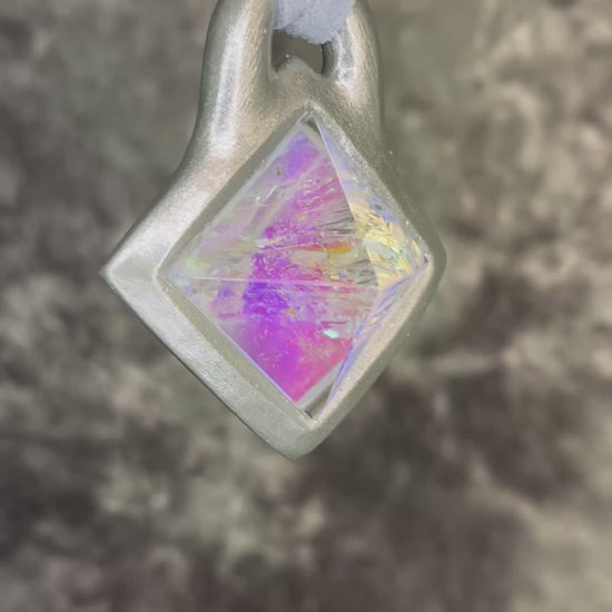 Mystical opalescent quartz pyramid pendant in silver on silver leather cord, crystal statement necklace, celestial boho jewelry, handmade talisman.