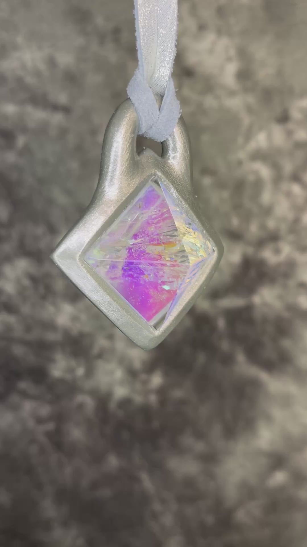 Mystical opalescent quartz pyramid pendant in silver on silver leather cord, crystal statement necklace, celestial boho jewelry, handmade talisman.