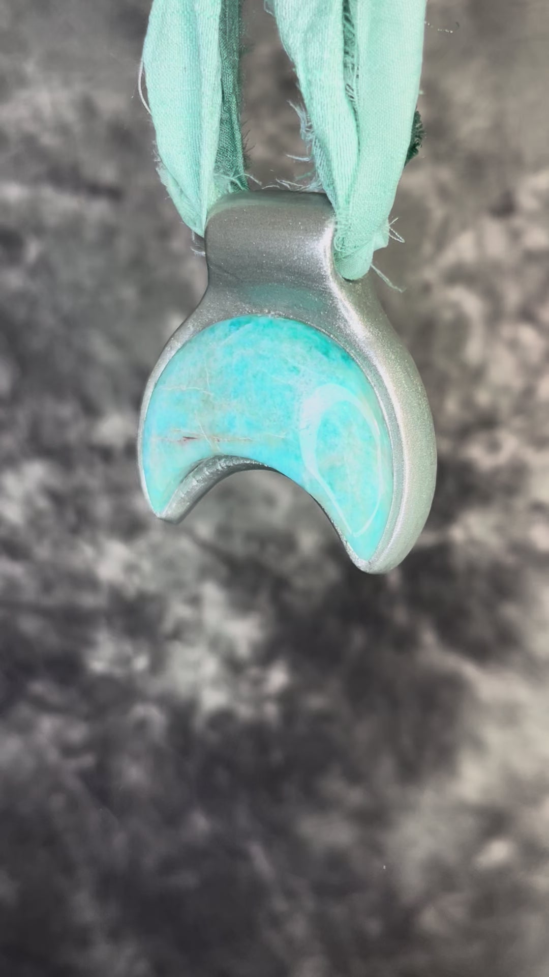 Silver amazonite crescent moon pendant on aqua recycled silk ribbon, celestial crystal necklace, mystical boho jewelry, handmade statement talisman.