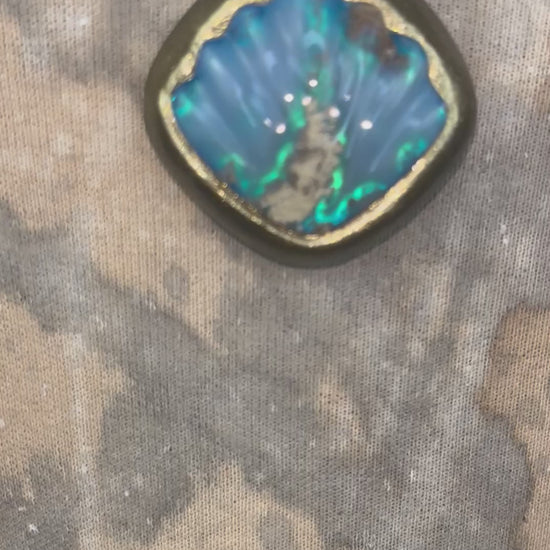 Mermaid seashell necklaces made with moss agate crystal and aqua and teal recycled silk.  Handmade sea siren jewelry, gift for her.  