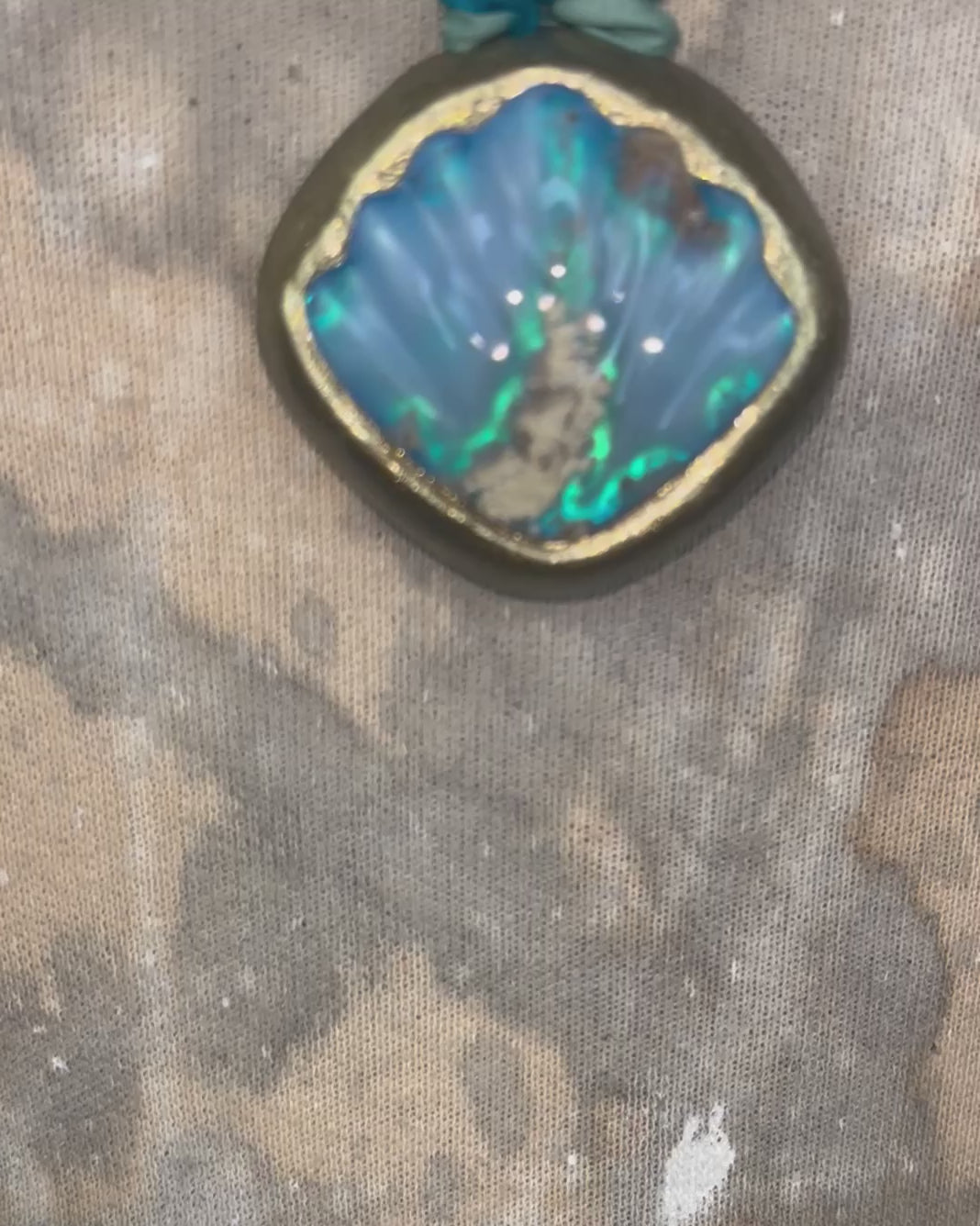 Mermaid seashell necklaces made with moss agate crystal and aqua and teal recycled silk.  Handmade sea siren jewelry, gift for her.  