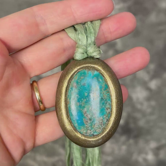 Turquoise necklace hung from shades of aqua and sea green recycled silk. Summer beach jewelry gift for her. 