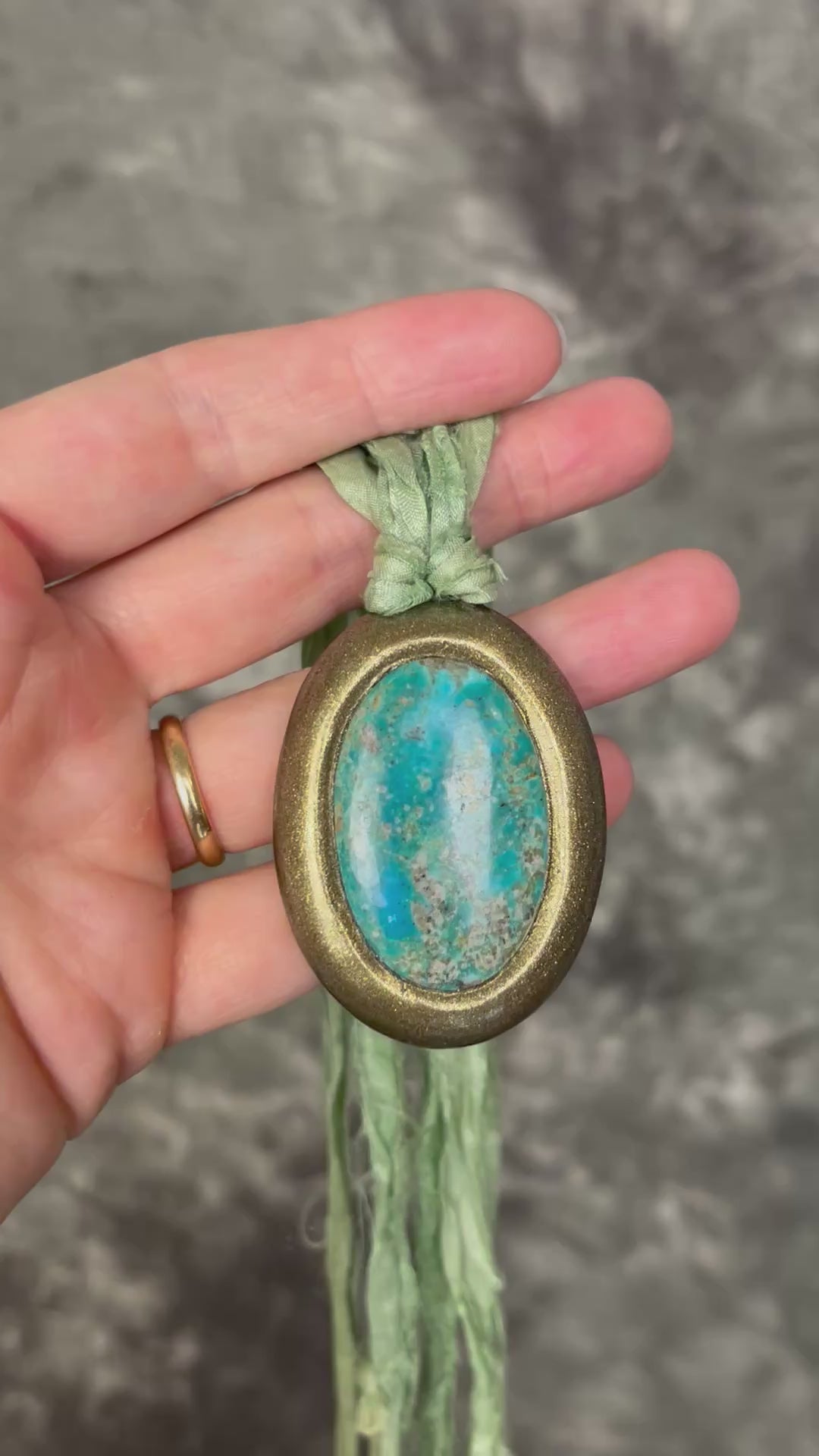 Turquoise necklace hung from shades of aqua and sea green recycled silk. Summer beach jewelry gift for her. 