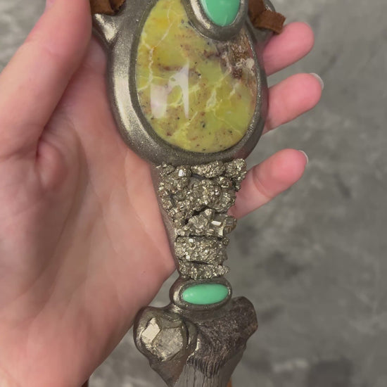 XL Megalodon fossil shark tooth talisman necklace with green opal, chrysoprase, and pyrite on brown leather, fantasy relic statement jewelry handmade in Baltimore Maryland
