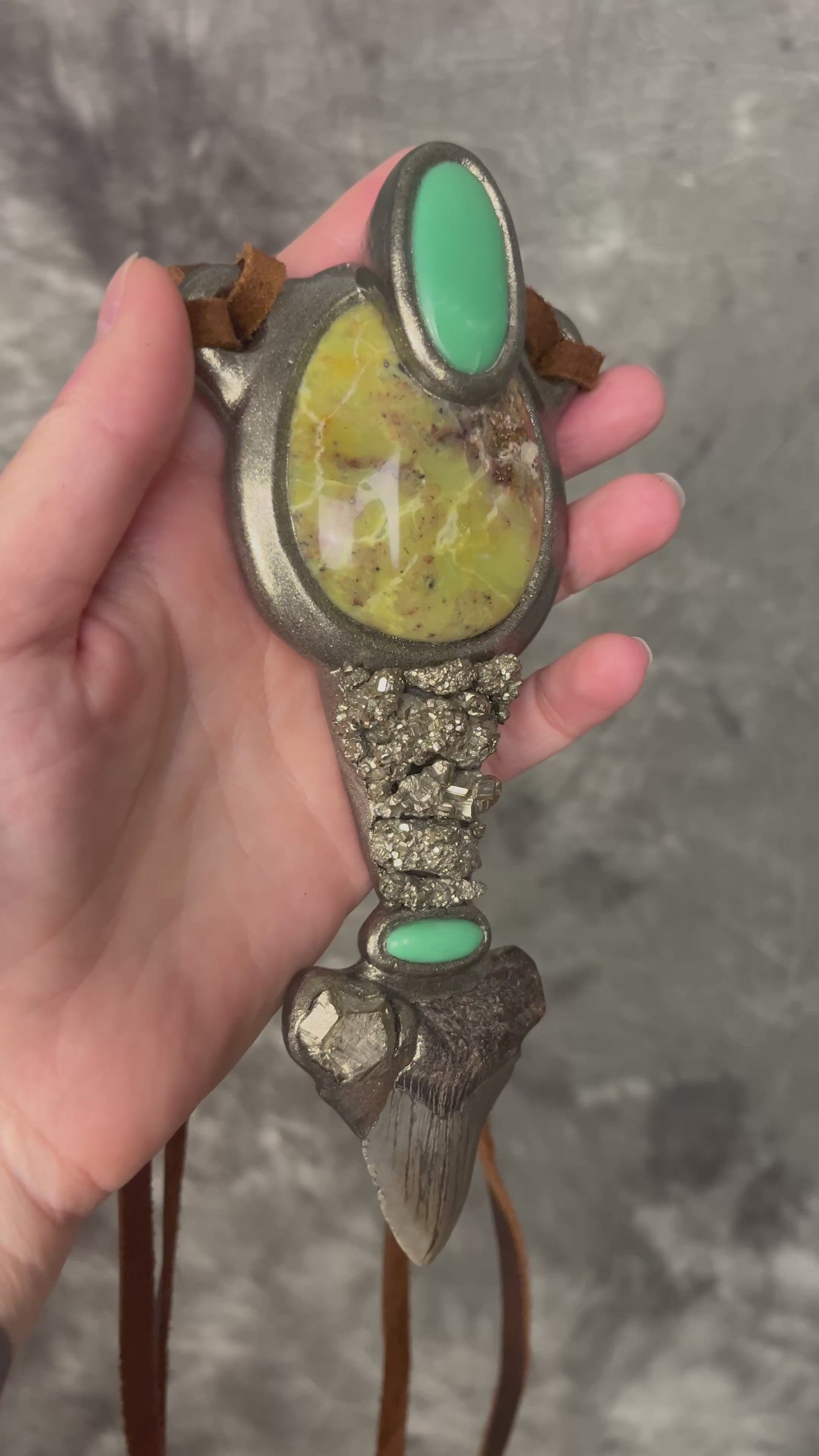 XL Megalodon fossil shark tooth talisman necklace with green opal, chrysoprase, and pyrite on brown leather, fantasy relic statement jewelry handmade in Baltimore Maryland
