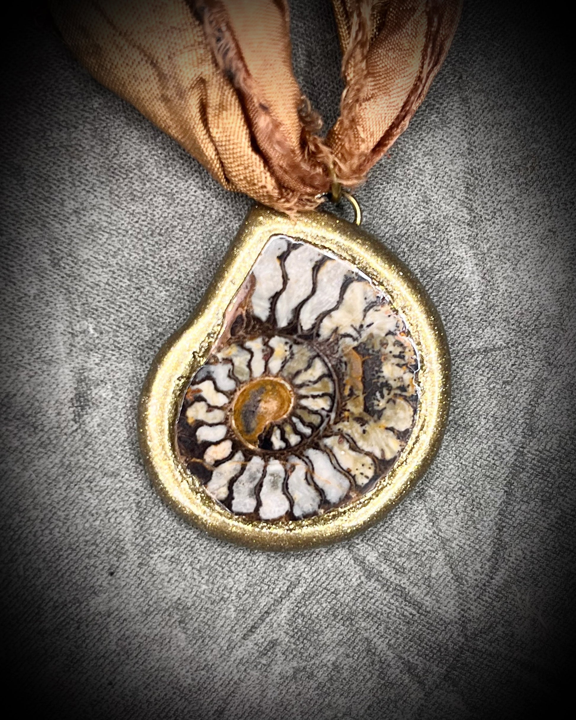 Handmade best friends fossil ammonite necklaces, matching pair ammolite charms, recycled silk sustainable festival jewelry, bag, purse, or besties charms.  