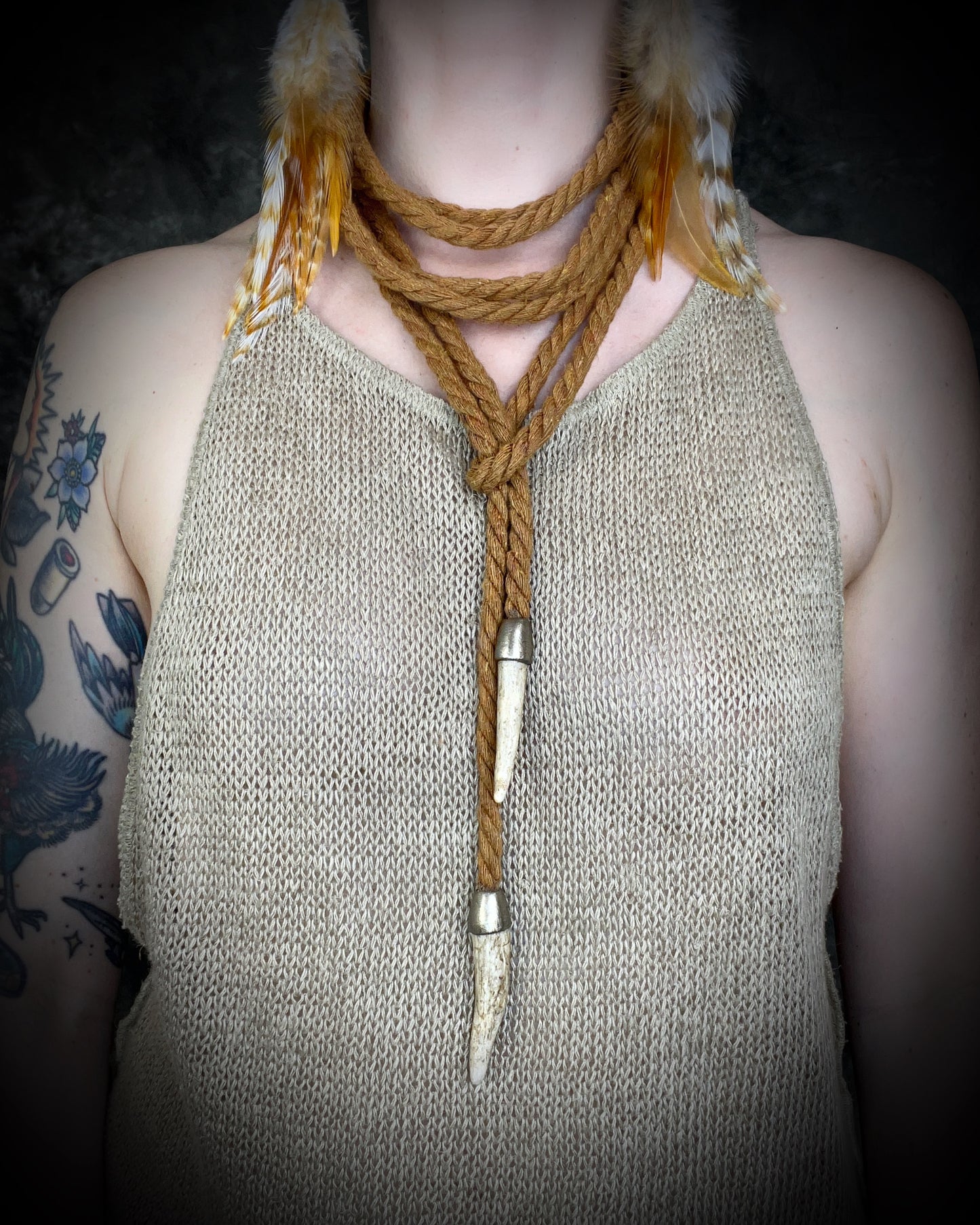 Versatile rope accessory for everyday, festival, cosplay or renaissance festival, adorned with two antler tips. Wear as a belt, necklace, hat band or head wrap, decoration, bondage rope or harness.