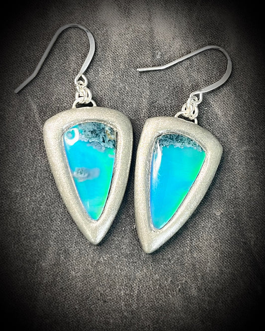 Moss agate sterling silver handmade earrings.  Blue lagoon mermaid earrings. 