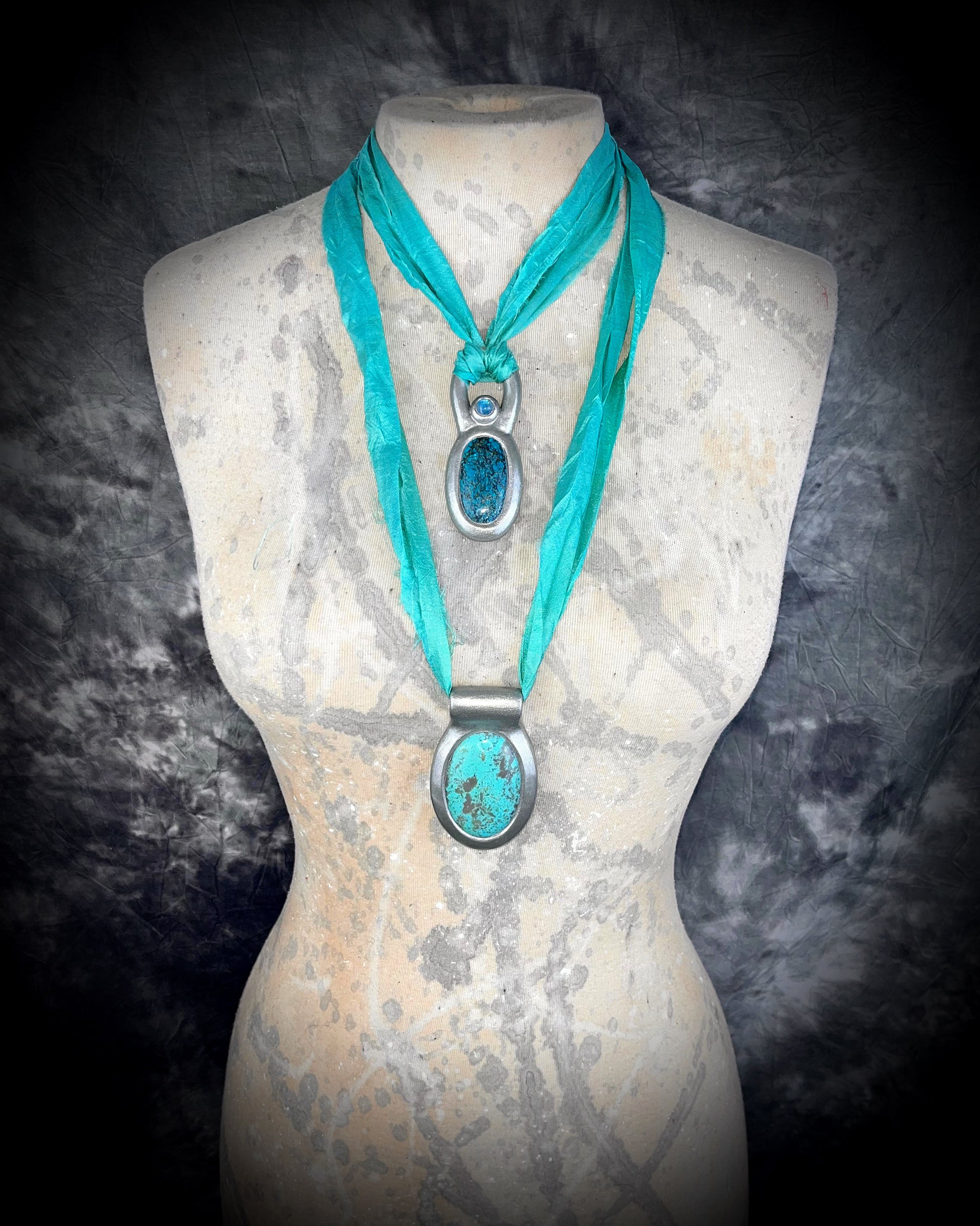 Handmade statement maximalist Turquoise chunky silver crystal jewelry on aqua recycled silk for a vintage jewelry appeal.