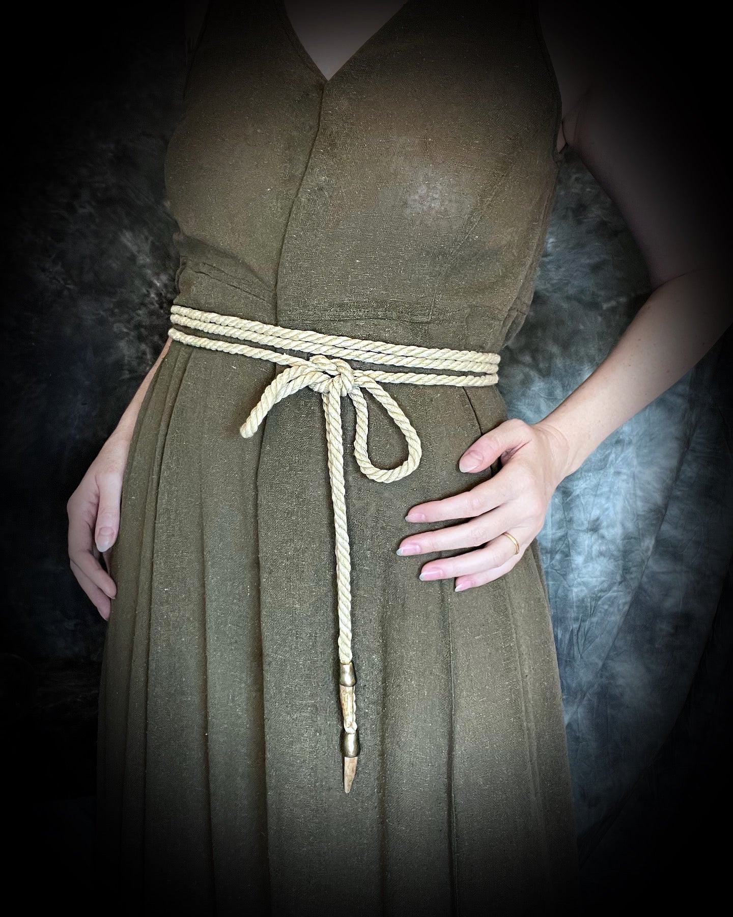 Versatile rope accessory for everyday, festival, cosplay or renaissance festival, adorned with two antler tips. Wear as a belt, necklace, hat band or head wrap, decoration, bondage rope or harness.
