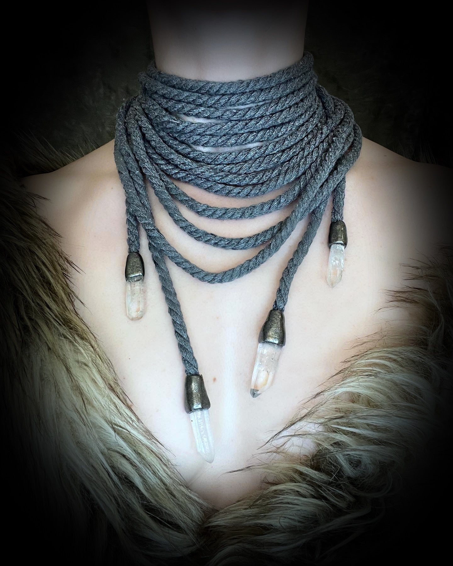 Versatile rope accessory for everyday, festival, cosplay or renaissance festival, adorned with two antler tips. Wear as a belt, necklace, hat band or head wrap, decoration, bondage rope or harness.