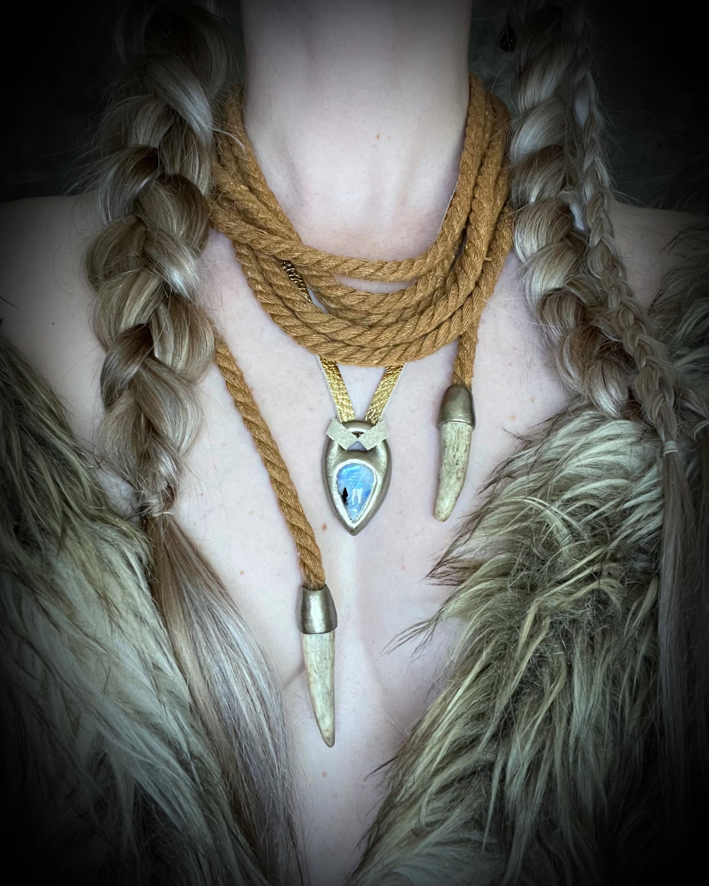 Versatile rope accessory for everyday, festival, cosplay or renaissance festival, adorned with two antler tips. Wear as a belt, necklace, hat band or head wrap, decoration, bondage rope or harness.